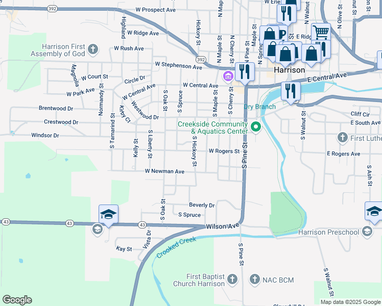 map of restaurants, bars, coffee shops, grocery stores, and more near 621 South Hickory Street in Harrison