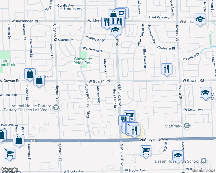map of restaurants, bars, coffee shops, grocery stores, and more near 1601 Woodward Heights Way in North Las Vegas