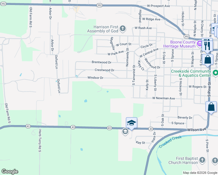 map of restaurants, bars, coffee shops, grocery stores, and more near 1306 West Rogers Avenue in Harrison
