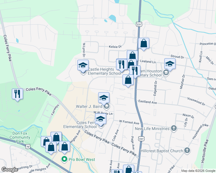 map of restaurants, bars, coffee shops, grocery stores, and more near 1020a North Castle Heights Avenue in Lebanon