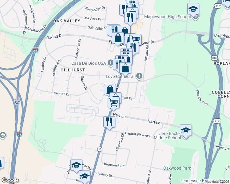 map of restaurants, bars, coffee shops, grocery stores, and more near 2940 Dickerson Pike in Nashville