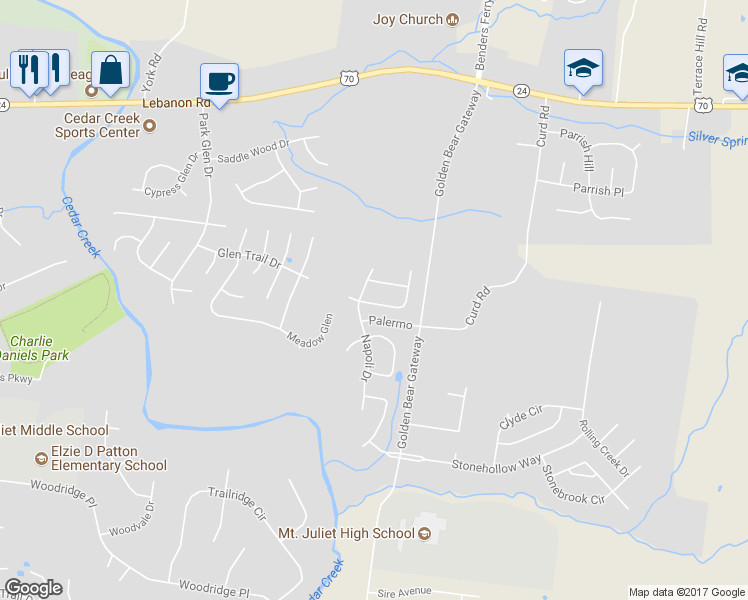 map of restaurants, bars, coffee shops, grocery stores, and more near 4811 Genoa Drive in Mount Juliet