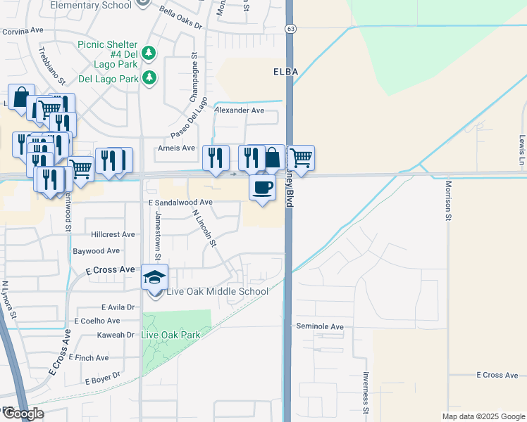 map of restaurants, bars, coffee shops, grocery stores, and more near 2195 East Prosperity Avenue in Tulare