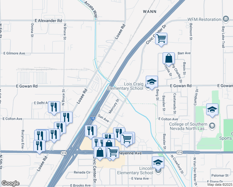 map of restaurants, bars, coffee shops, grocery stores, and more near 3500a Mercury Street in North Las Vegas