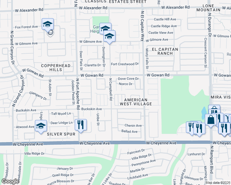 map of restaurants, bars, coffee shops, grocery stores, and more near 3472 Creek River Drive in Las Vegas