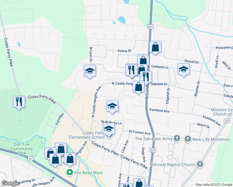 map of restaurants, bars, coffee shops, grocery stores, and more near 1020a North Castle Heights Avenue in Lebanon