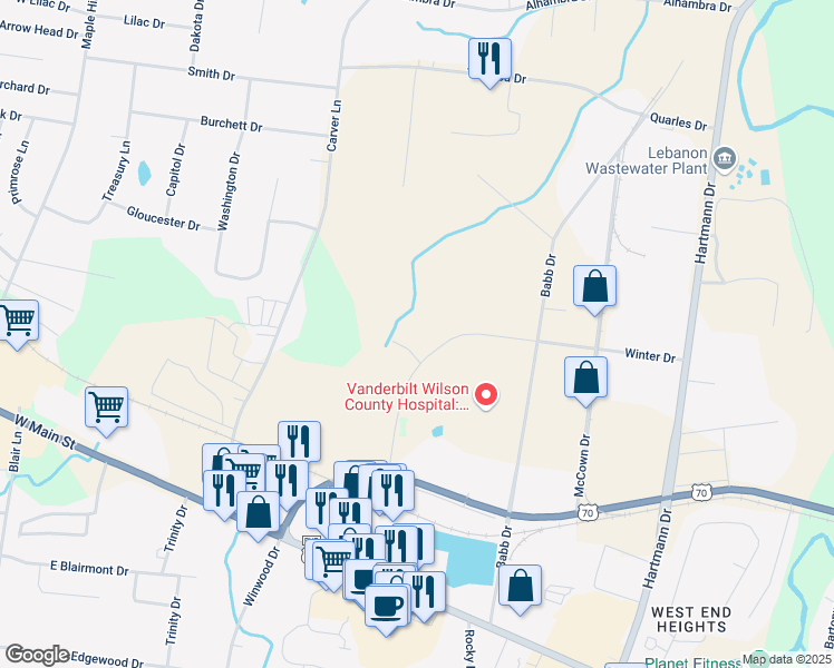 map of restaurants, bars, coffee shops, grocery stores, and more near 1409 Winter Drive in Lebanon
