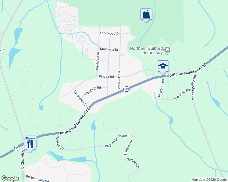 map of restaurants, bars, coffee shops, grocery stores, and more near 3402 North Carolina 150 in Greensboro