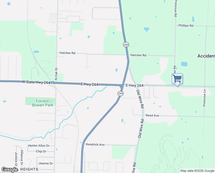 map of restaurants, bars, coffee shops, grocery stores, and more near 1229 East Highway 264 in Bethel Hts