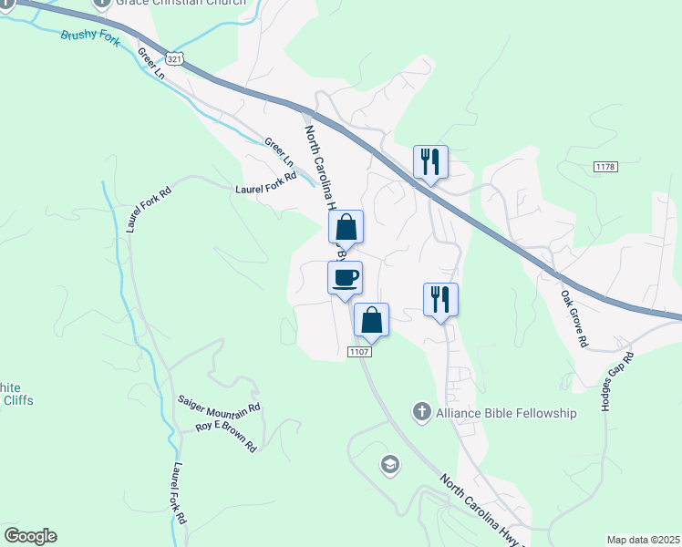 map of restaurants, bars, coffee shops, grocery stores, and more near 596 North Carolina Highway 105 Bypass in Boone