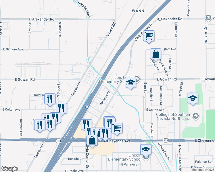 map of restaurants, bars, coffee shops, grocery stores, and more near 3500a Mercury Street in North Las Vegas