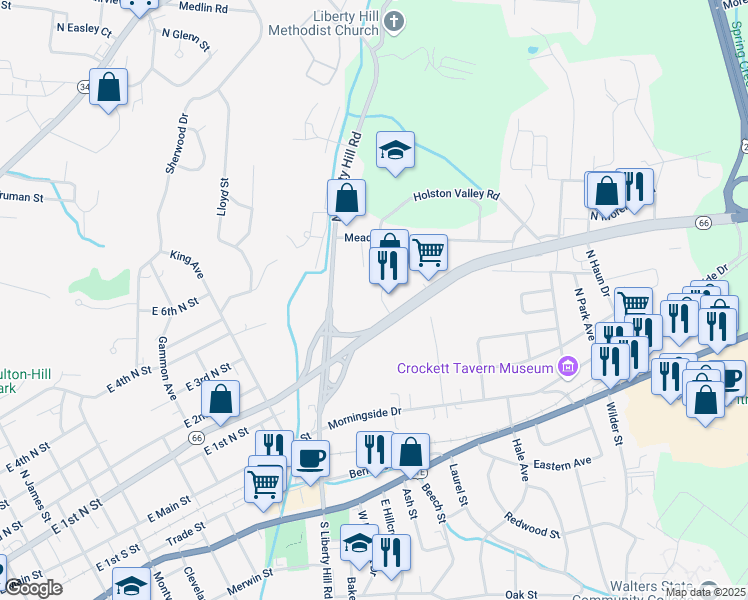 map of restaurants, bars, coffee shops, grocery stores, and more near 1501 East Andrew Johnson Highway in Morristown