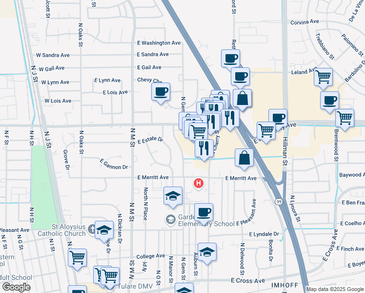 map of restaurants, bars, coffee shops, grocery stores, and more near 1151 North Gem Street in Tulare