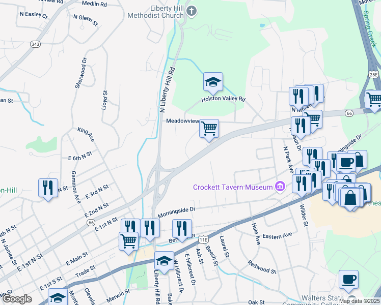 map of restaurants, bars, coffee shops, grocery stores, and more near 1501-1599 East Andrew Johnson Highway in Morristown
