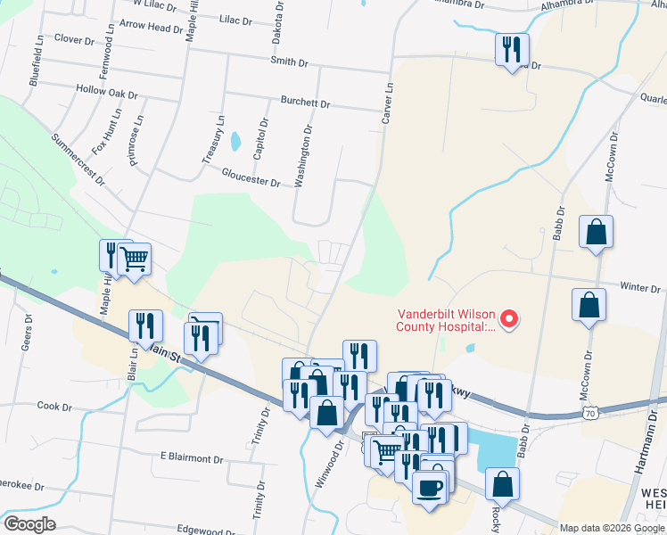 map of restaurants, bars, coffee shops, grocery stores, and more near 216 Carver Lane in Lebanon