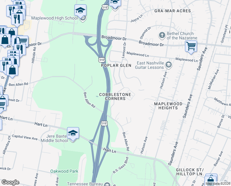 map of restaurants, bars, coffee shops, grocery stores, and more near 501 Ben Allen Road in Nashville