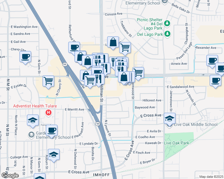 map of restaurants, bars, coffee shops, grocery stores, and more near 1145 East Prosperity Avenue in Tulare