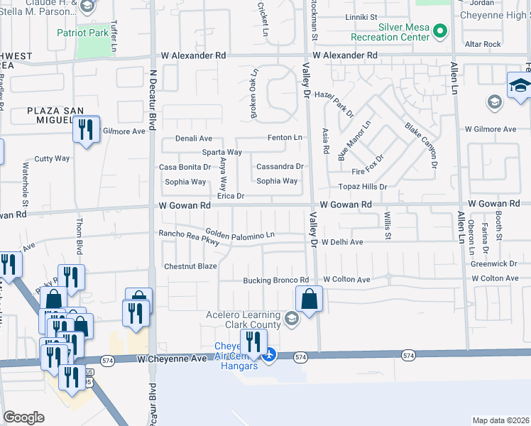 map of restaurants, bars, coffee shops, grocery stores, and more near 3536 Bronco Buster Court in North Las Vegas