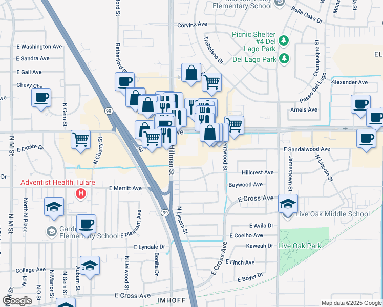 map of restaurants, bars, coffee shops, grocery stores, and more near 1145 E Prosperity Ave in Tulare