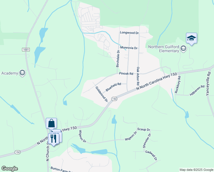 map of restaurants, bars, coffee shops, grocery stores, and more near 807 Bluefield Road in Greensboro