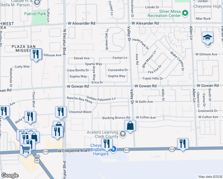 map of restaurants, bars, coffee shops, grocery stores, and more near 3536 Bronco Buster Court in North Las Vegas