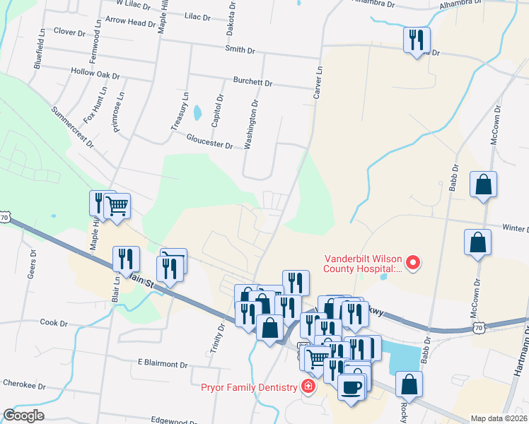 map of restaurants, bars, coffee shops, grocery stores, and more near 216 Carver Lane in Lebanon
