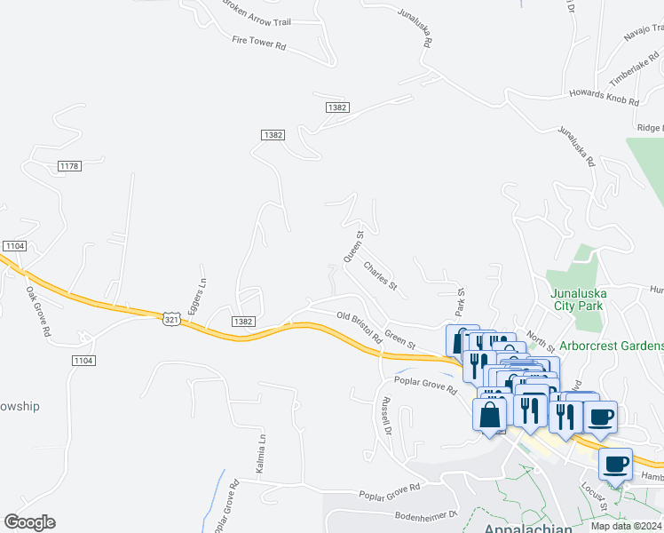 map of restaurants, bars, coffee shops, grocery stores, and more near 132 Stoneybrook Court in Boone