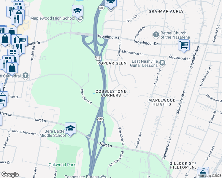 map of restaurants, bars, coffee shops, grocery stores, and more near 501 Ben Allen Road in Nashville