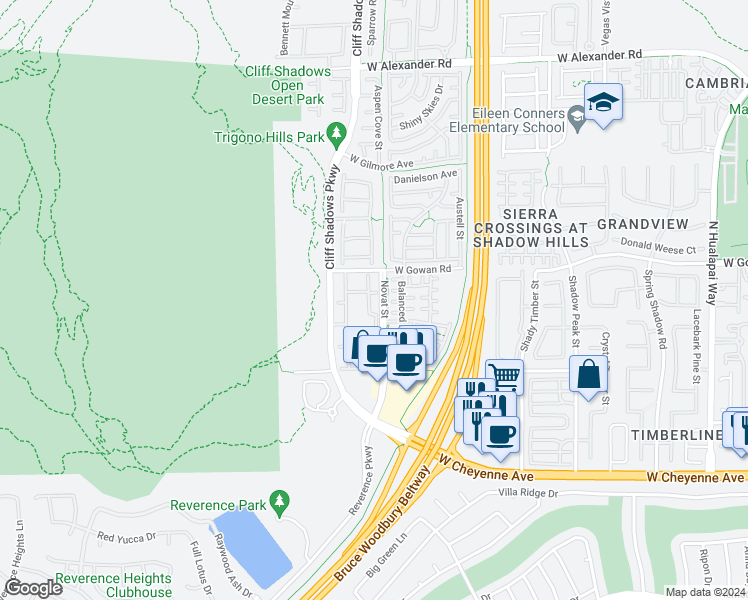 map of restaurants, bars, coffee shops, grocery stores, and more near 3541 Desert Cliff Street in Las Vegas