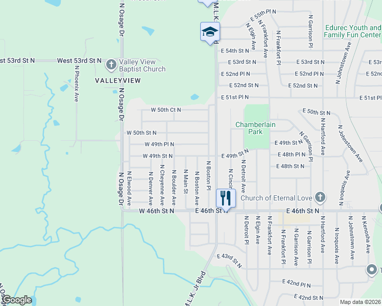 map of restaurants, bars, coffee shops, grocery stores, and more near 19E East 49th Place North in Tulsa