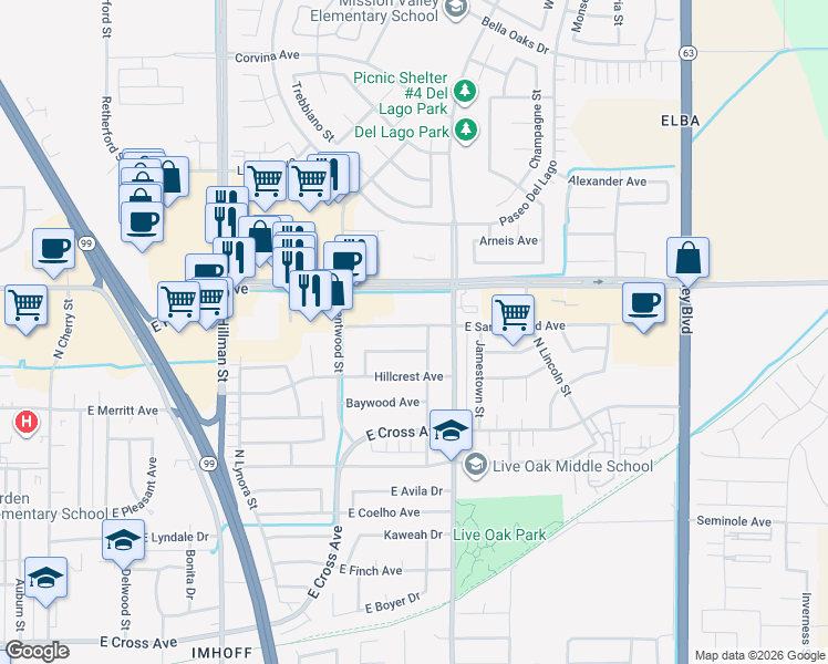 map of restaurants, bars, coffee shops, grocery stores, and more near 1573 East Sandalwood Avenue in Tulare
