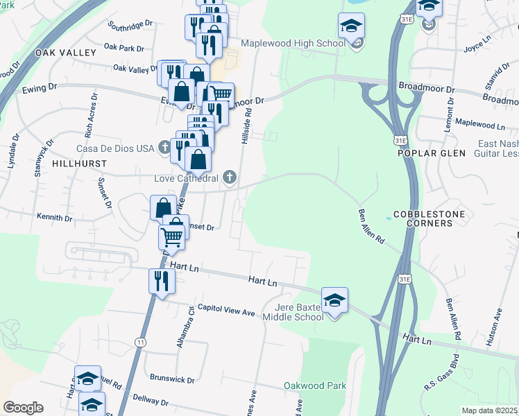 map of restaurants, bars, coffee shops, grocery stores, and more near 214 Ben Allen Road in Nashville