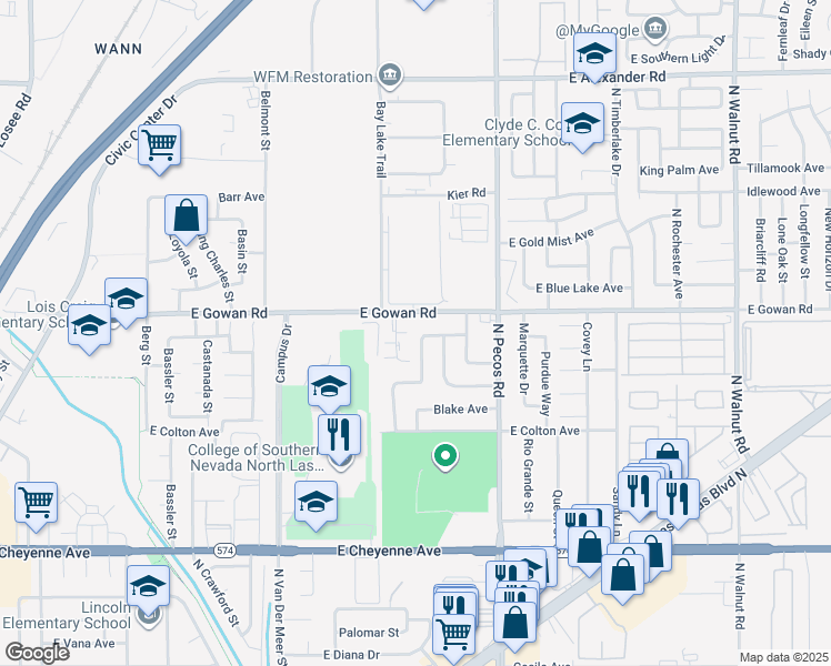 map of restaurants, bars, coffee shops, grocery stores, and more near 3544d Rio Robles Drive in North Las Vegas
