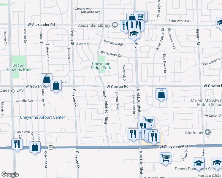 map of restaurants, bars, coffee shops, grocery stores, and more near 1718 Woodward Heights Way in North Las Vegas