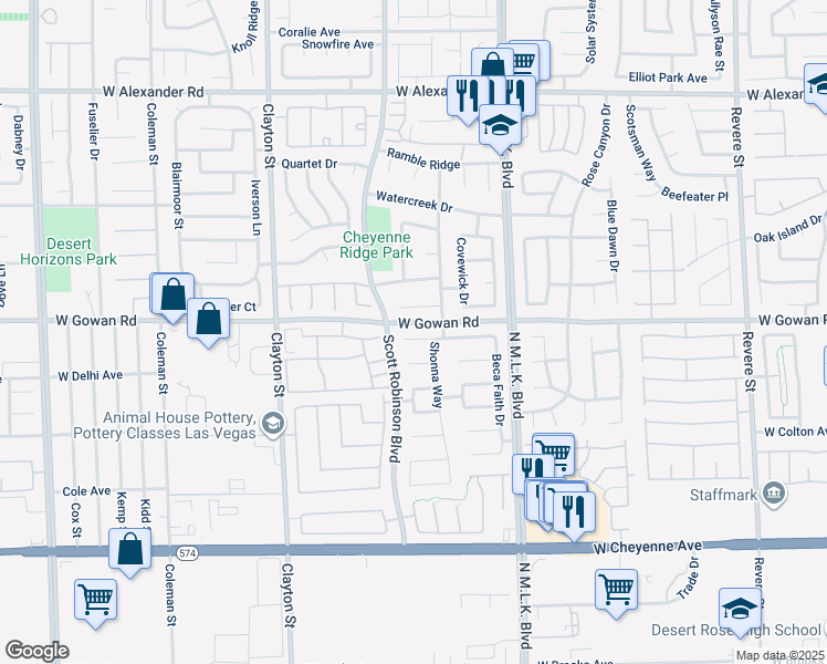 map of restaurants, bars, coffee shops, grocery stores, and more near 1718 Woodward Heights Way in North Las Vegas