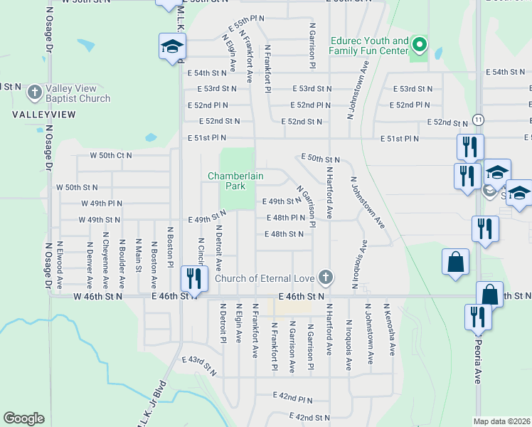 map of restaurants, bars, coffee shops, grocery stores, and more near 524 East 49th Street North in Tulsa