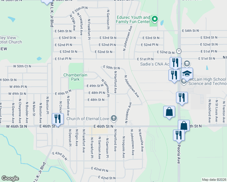map of restaurants, bars, coffee shops, grocery stores, and more near 4924 North Hartford Avenue in Tulsa
