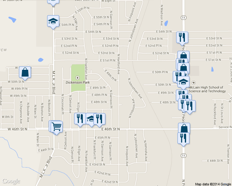 map of restaurants, bars, coffee shops, grocery stores, and more near 4924 North Hartford Avenue in Tulsa