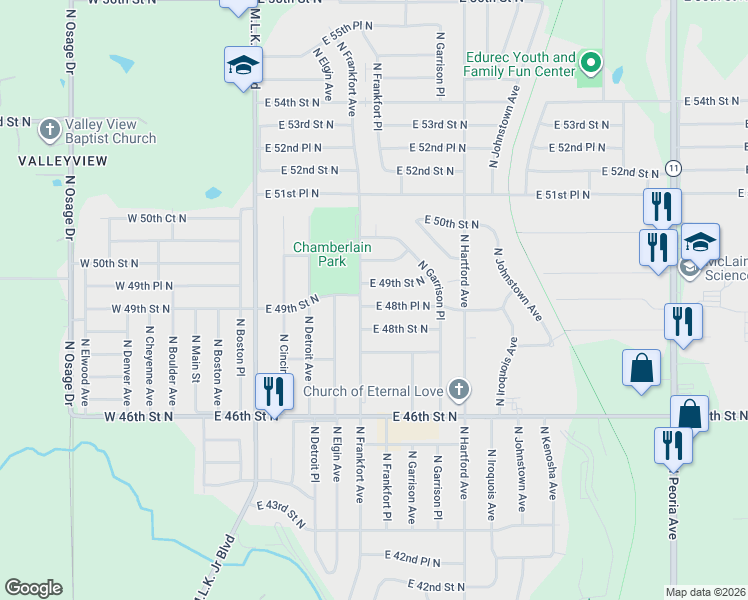 map of restaurants, bars, coffee shops, grocery stores, and more near 524 East 49th Street North in Tulsa