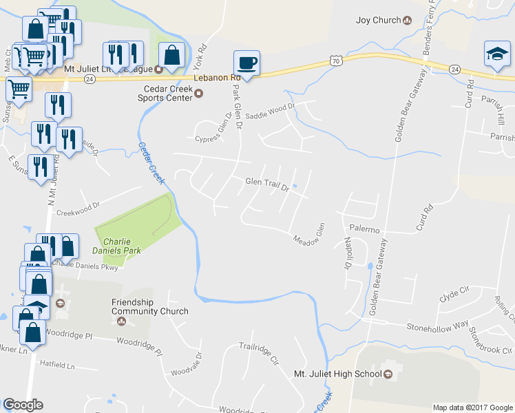map of restaurants, bars, coffee shops, grocery stores, and more near 2703 Meadow Park in Mount Juliet