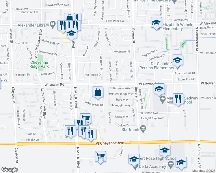 map of restaurants, bars, coffee shops, grocery stores, and more near 1022 Baritone Way in North Las Vegas