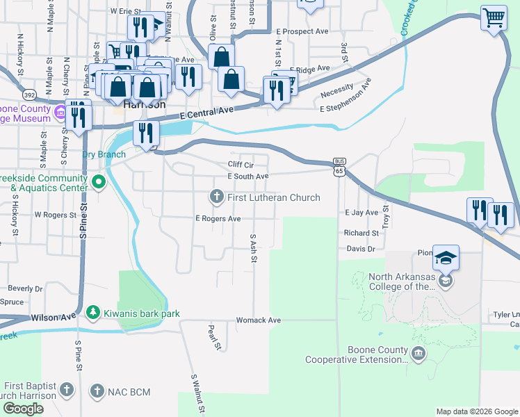 map of restaurants, bars, coffee shops, grocery stores, and more near 509 South Ash Street in Harrison
