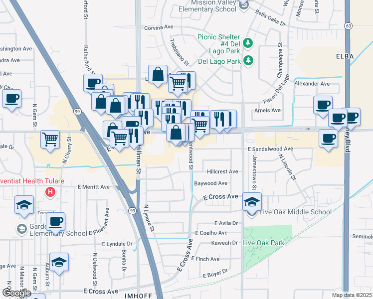 map of restaurants, bars, coffee shops, grocery stores, and more near 1365 East Prosperity Avenue in Tulare
