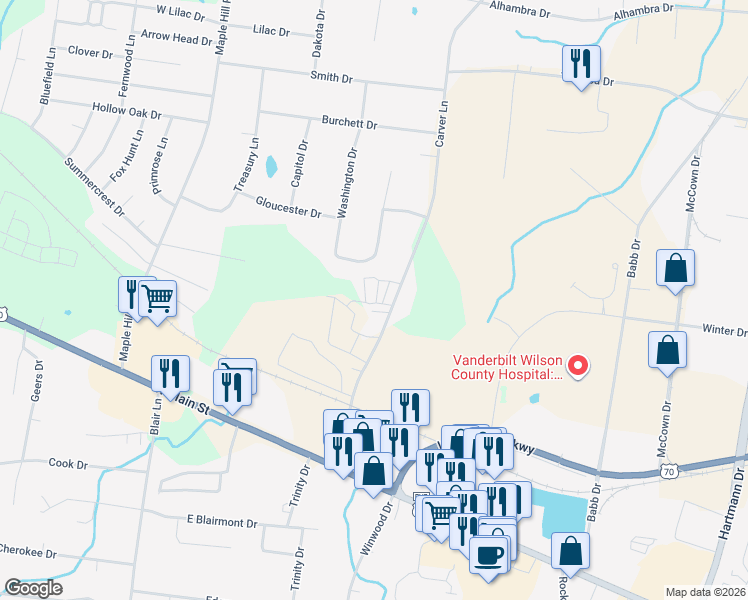 map of restaurants, bars, coffee shops, grocery stores, and more near 216 Carver Lane in Lebanon