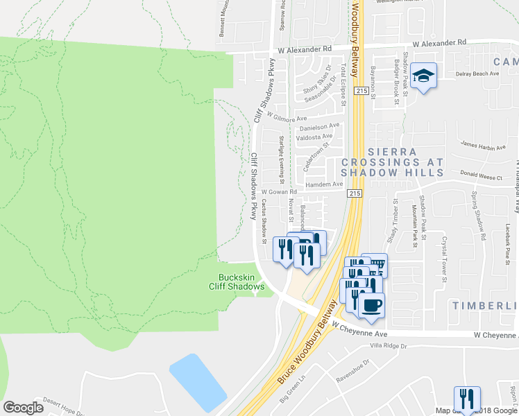map of restaurants, bars, coffee shops, grocery stores, and more near 3575 Cactus Shadow Street in Las Vegas