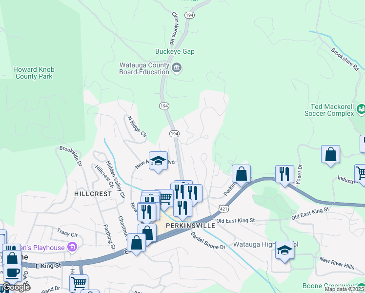map of restaurants, bars, coffee shops, grocery stores, and more near 101 Bruce Shelton Boulevard in Boone
