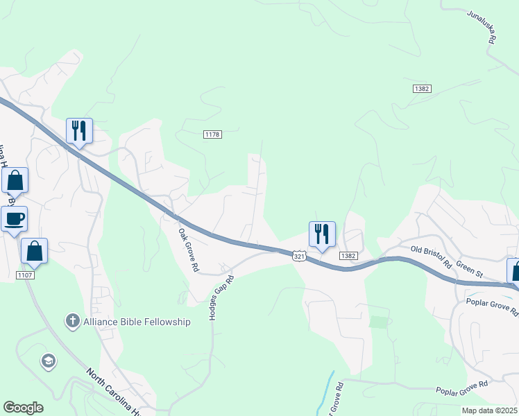 map of restaurants, bars, coffee shops, grocery stores, and more near 1246 Highland Hall Road in Boone