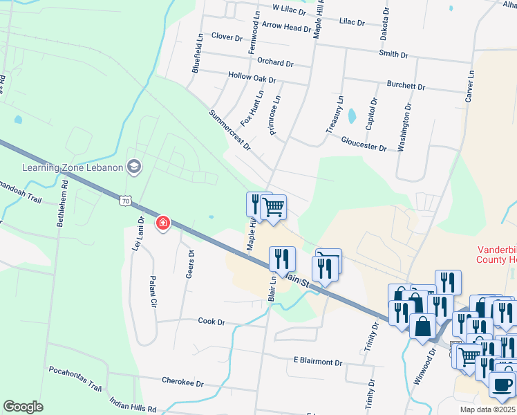 map of restaurants, bars, coffee shops, grocery stores, and more near 194-198 Maple Hill Road in Lebanon