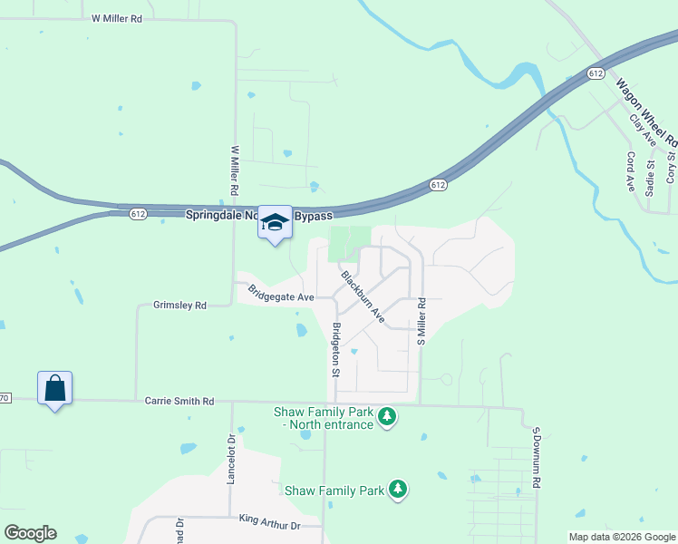 map of restaurants, bars, coffee shops, grocery stores, and more near 7657 Blackburn Avenue in Springdale