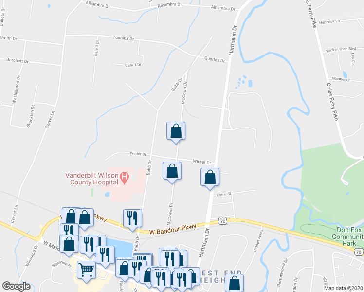map of restaurants, bars, coffee shops, grocery stores, and more near 1301 Winter Drive in Lebanon